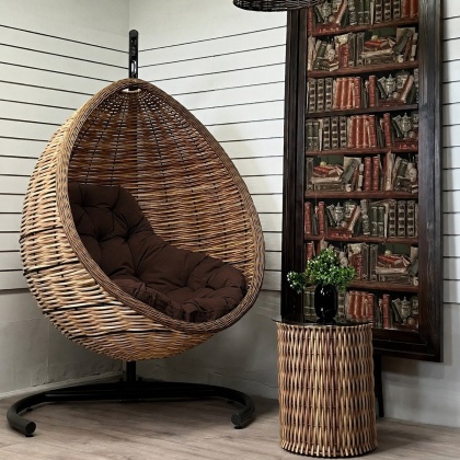 Кресло подвесное Goccia Wenge из искусственного ротанга (Миндаль омбре,  подушка Браун)