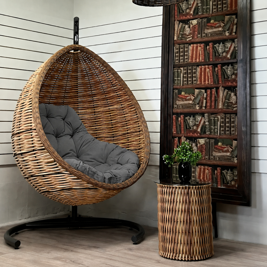 Кресло подвесное Goccia Wenge из искусственного ротанга (Миндаль омбре / подушка Кокос)