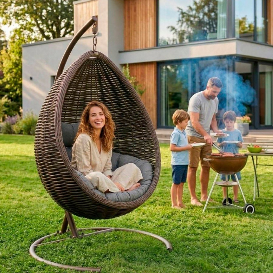Кресло подвесное Goccia Wenge из искусственного ротанга (Венге, подушка Кокос)